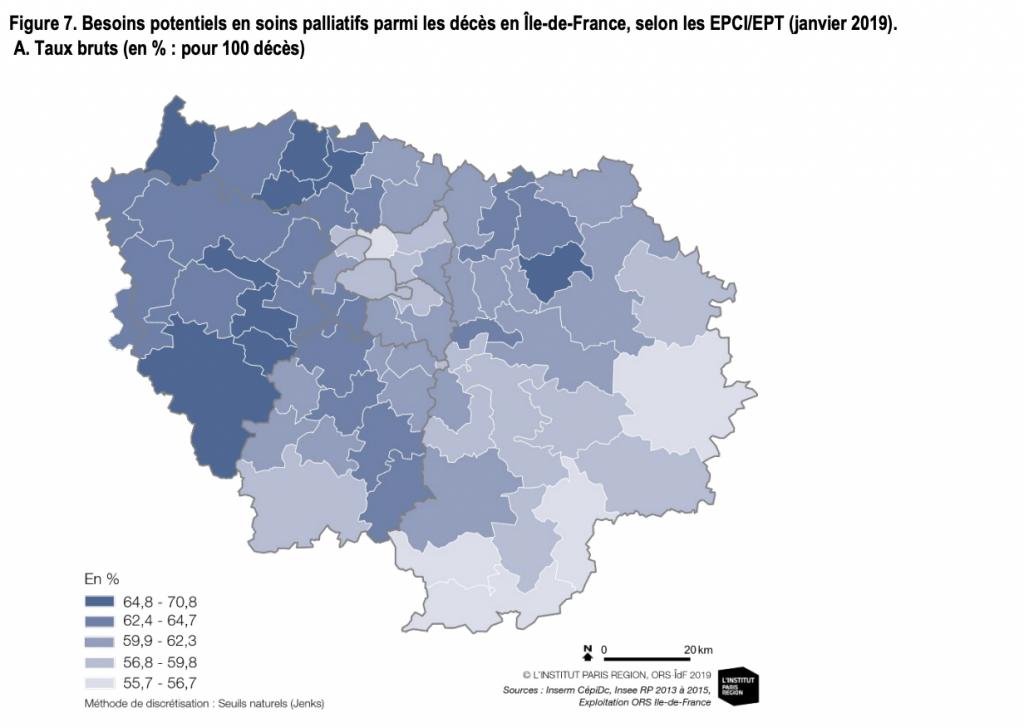 Les besoins potentiels de soins palliatifs en région Île-de-France sont différents sur les territoires comme le montre cette carte.